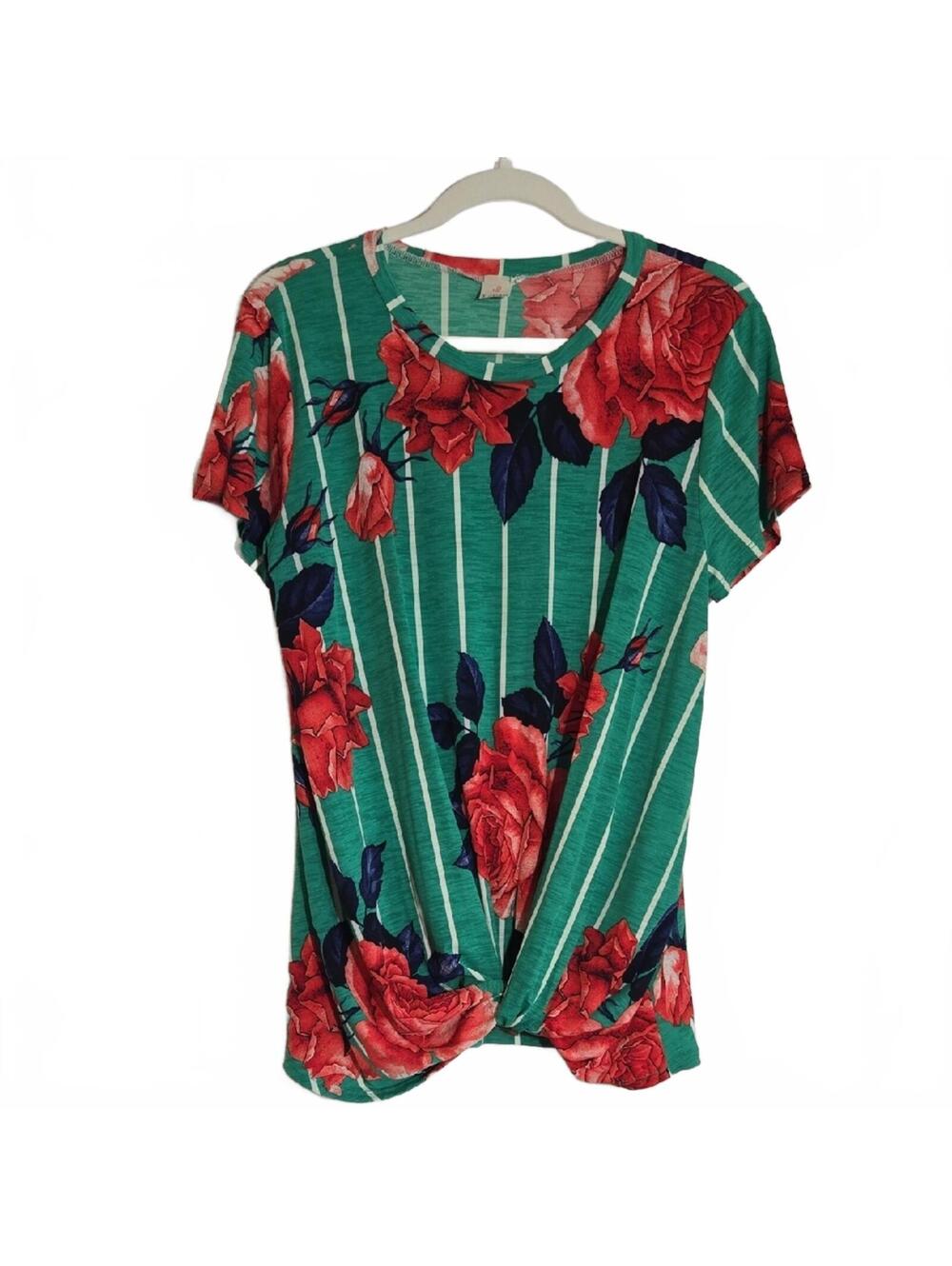 I Joah Green Floral Stripe Twist-Front Short Sleeve Top Size Large